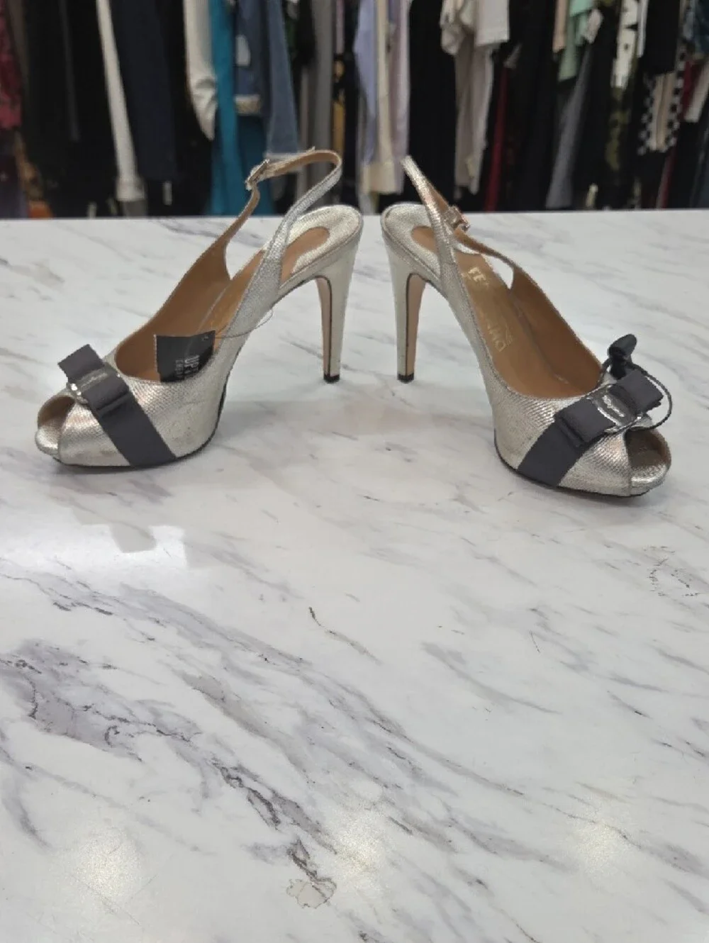 Salvatore Ferragamo Silver Slingback Peep-Toe Heels with Dark Bow